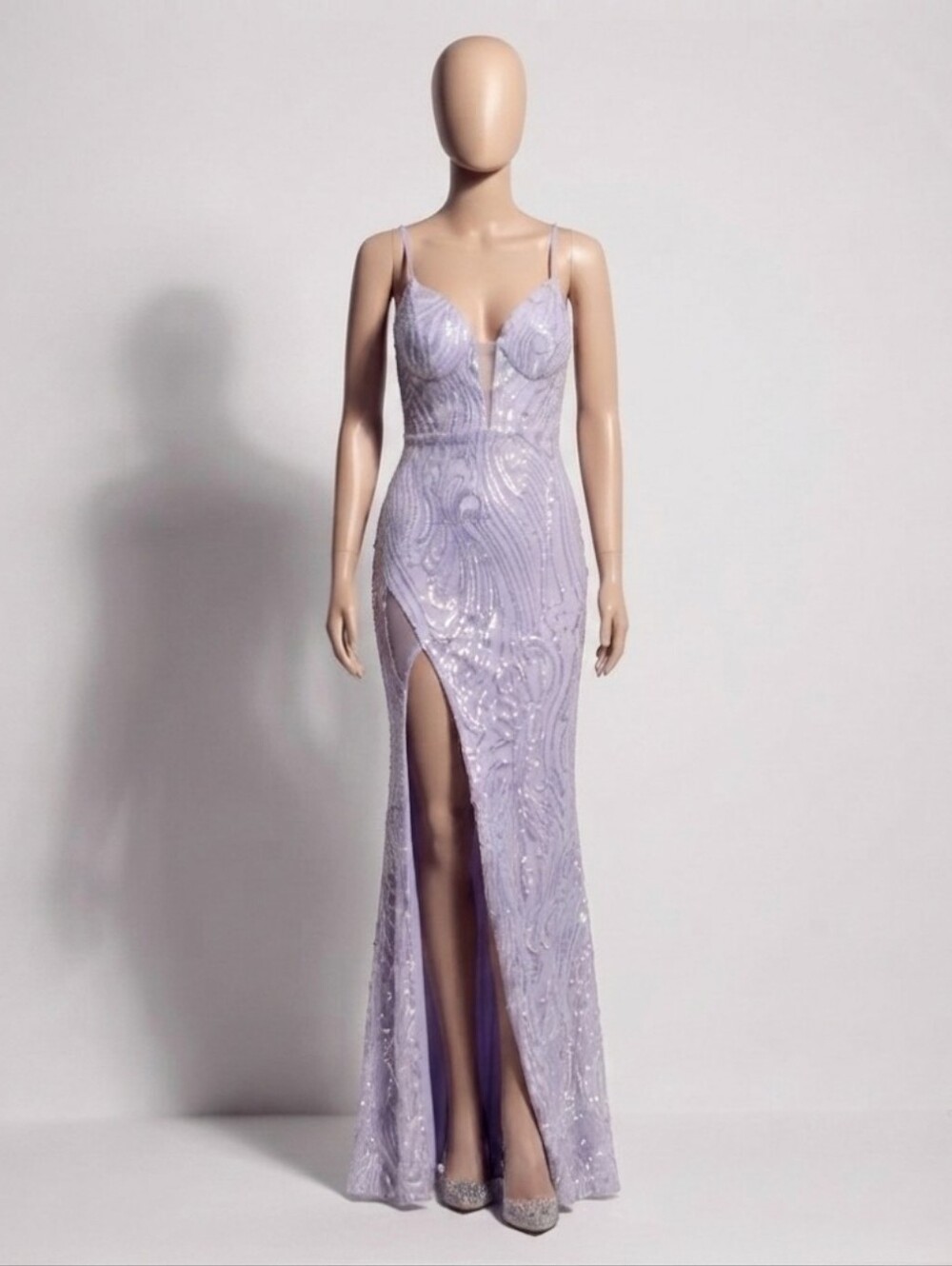 Lilac Sequin Spaghetti-Strap Evening Gown - Picture 10 of 11